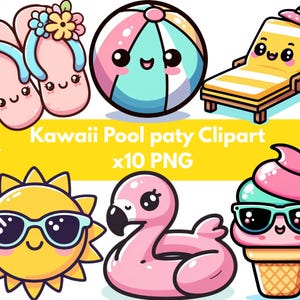 Kawaii Pool Party Clipart Set – Cute Summer Floaties, Suns, Ice Cream, Kids, beach ball, Pastel Cartoon style, PNGs for Stickers & Crafts
