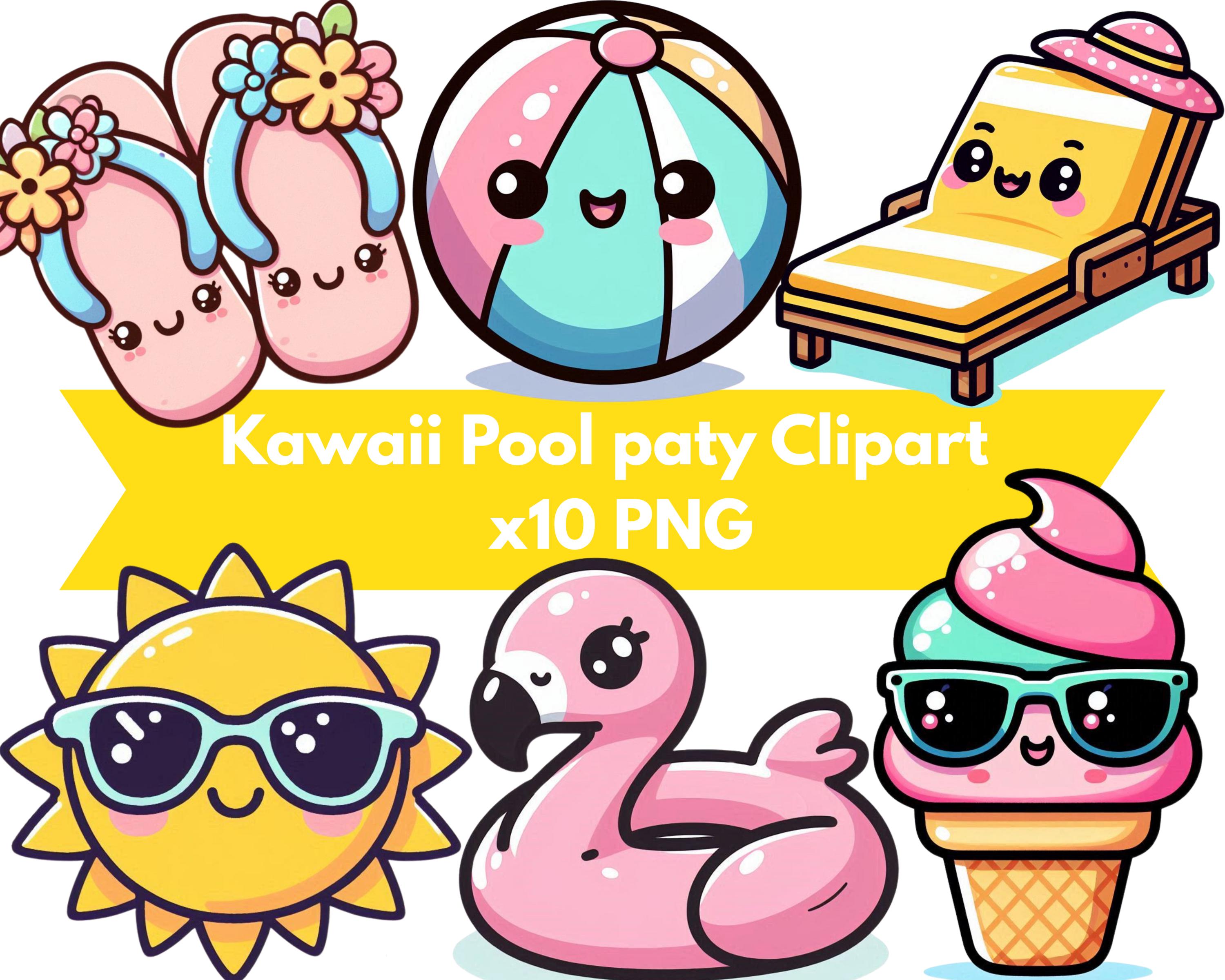 Kawaii Pool Party Clipart Set – Cute Summer Floaties, Suns, Ice Cream, Kids, beach ball, Pastel Cartoon style, PNGs for Stickers & Crafts