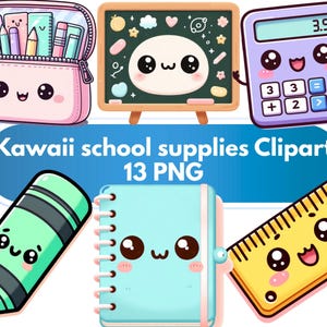 Peut inclure: Ensemble de cliparts Kawaii de fournitures scolaires, comprenant une trousse rose, un tableau noir, une calculatrice, un crayon, un cahier et une règle. Le texte "Kawaii school supplies Clipart 13 PNG" est affiché sur une bannière bleue.