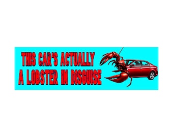 May include: A red car with a lobster on top of it. The car is on a blue background. The text "This car's actually a lobster in disguise" is written in red letters on a white background.