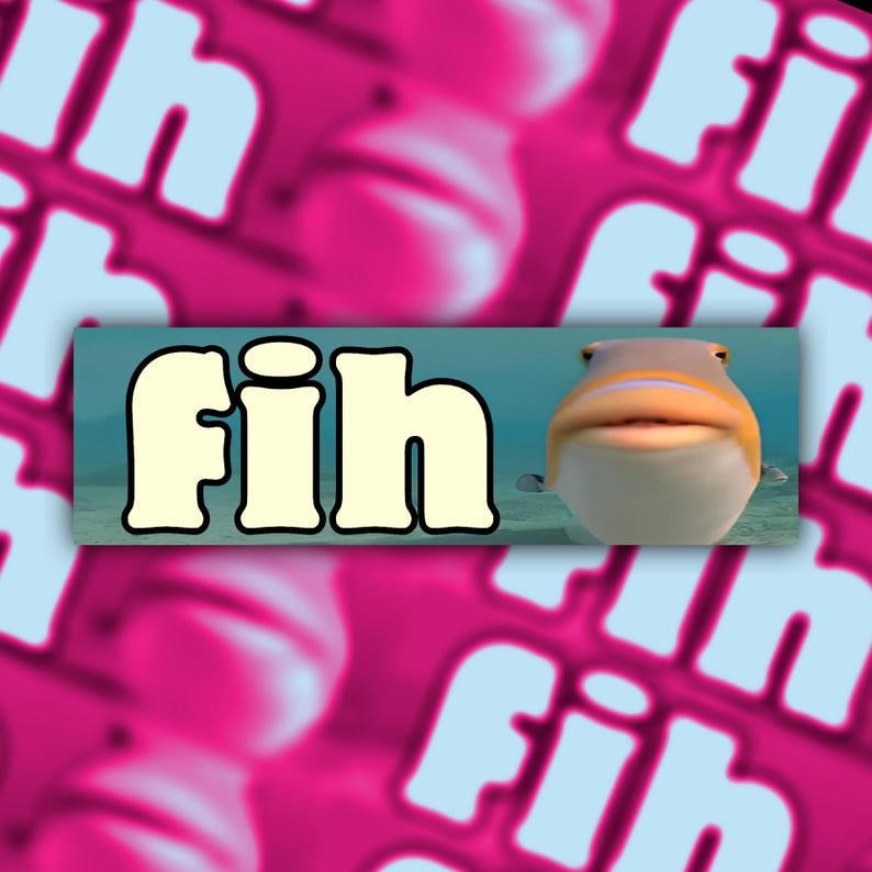 Puede incluir: Imagen de dibujos animados con un pez sonriente. La palabra "fih" est&aacute; escrita en negrita, con contorno. El fondo es un patr&oacute;n borroso de la palabra "fih" en rosa y azul claro.
