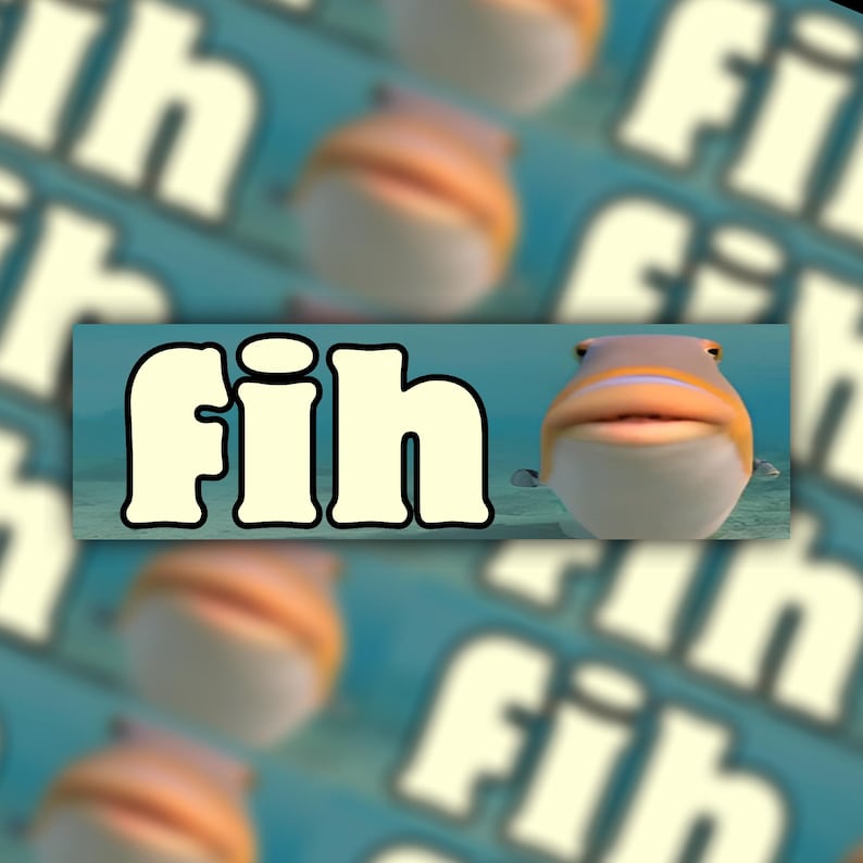 Puede incluir: Imagen de dibujos animados con la palabra "fih" en negrita y contorneada, con un pez sonriente a la derecha. El pez tiene un cuerpo gris, acentos naranjas y una boca ancha y amigable. El fondo tiene un patr&oacute;n repetido de la palabra "fih" y peces.