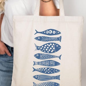 Sardine Tote Bag | Coastal Nautical Canvas Market Bag | Blue Fish Print Beach Tote | Eco Friendly Tote Fisherman Aesthetic