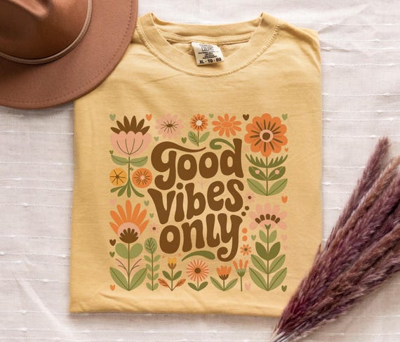 Comfort Colors Good Vibes T-shirt | Retro Boho Flower Design "Good Vibes Only" Shirt Motivational Positive Vibes Tee