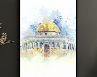 Al Aqsa Mosque Watercolor Print | Islamic Wall Art Digital Download | Muslim Home Decor | Jerusalem Art | Palestine Poster Art