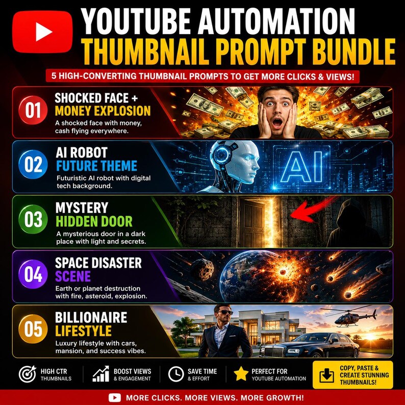 May include: A digital graphic titled YOUTUBE AUTOMATION THUMBNAIL PROMPT BUNDLE featuring five numbered sections. Each section displays a unique thumbnail concept: a shocked face with money, an AI robot, a hidden door, a space disaster, and a billionaire lifestyle.