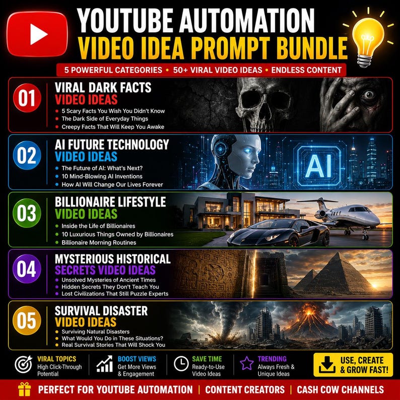 May include: A digital graphic titled YouTube Automation Video Idea Prompt Bundle featuring five categories: Viral Dark Facts, AI Future Technology, Billionaire Lifestyle, Mysterious Historical Secrets, and Survival Disaster, each with specific video prompts.