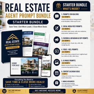 以下が含まれることがあります： Real Estate Agent Prompt Bundle Starter Bundleというタイトルのデジタルマーケティングキット。不動産コンテンツを表示するノートパソコンとスマートフォン、およびソーシャルメディア用テンプレートやコンテンツカレンダーを含む7つのリソースリストが記載されています。