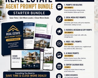 May include: A digital marketing kit titled Real Estate Agent Prompt Bundle Starter Bundle, featuring a laptop and smartphone displaying real estate content, alongside a list of seven included resources like social media prompts and content calendars.