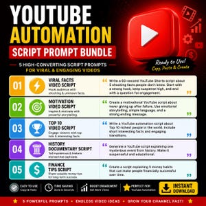 May include: A digital graphic titled YOUTUBE AUTOMATION SCRIPT PROMPT BUNDLE featuring a red YouTube play button icon. It lists five numbered script prompts for viral videos, including topics like viral facts, motivation, top 10 lists, history, and finance.