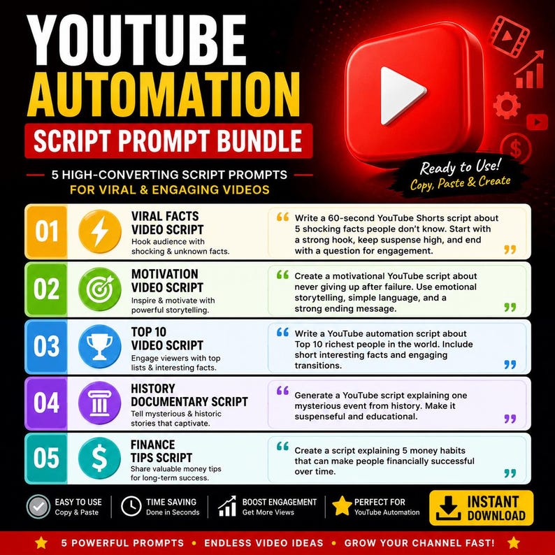 May include: A digital graphic titled YOUTUBE AUTOMATION SCRIPT PROMPT BUNDLE featuring a red YouTube play button icon. It lists five numbered script prompts for viral videos, including topics like viral facts, motivation, top 10 lists, history, and finance.