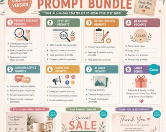 May include: An Etsy seller prompt bundle infographic featuring eight numbered categories including product research, SEO, listing creation, branding, customer service, marketing, AI image prompts, and a Canva bonus, plus templates for listings, sales, and thank you cards.