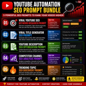 May include: A digital graphic titled YouTube Automation SEO Prompt Bundle featuring five numbered sections with icons and text. It outlines prompts for keyword research, title generation, description optimization, competitor analysis, and trending topics.