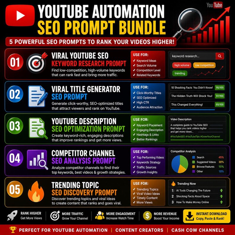 May include: A digital graphic titled YouTube Automation SEO Prompt Bundle featuring five numbered sections with icons and text. It outlines prompts for keyword research, title generation, description optimization, competitor analysis, and trending topics.