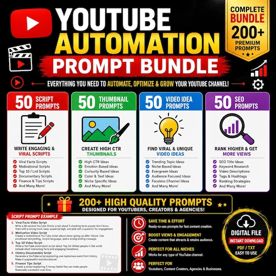 YouTube Automation Prompt Bundle | Script, Thumbnail, Video Idea, SEO Prompts (Digital Download)