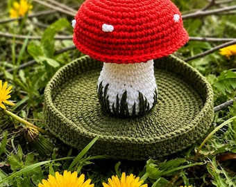 Mushroom Ring Holder, Crochet Cottagecore Decor, Woodland Jewelry Stand, Handmade Fairycore Gift for Her