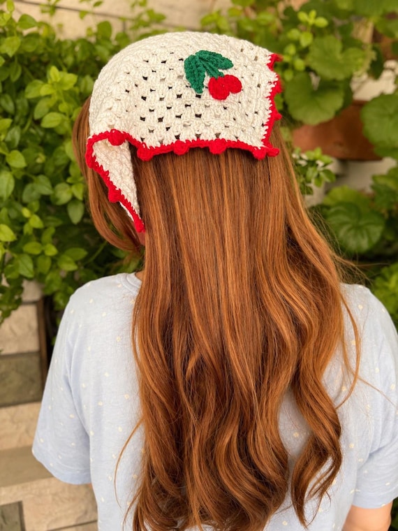 Handmade Cherry Granny Square Crochet Headscarf, Cottagecore Bandana Hair Wrap