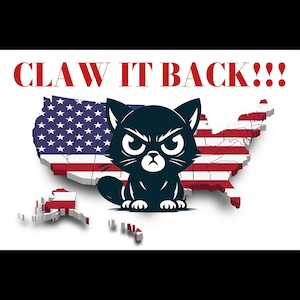 May include: A cartoon image features a black cat with an angry expression in front of a US map with the American flag design. The text "CLAW IT BACK!!!" is in red above the cat and map.
