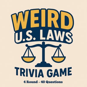 Puede incluir: Un gráfico azul y amarillo con el texto "Weird U.S. Laws Trivia Game" y una balanza con dos cuencos amarillos. El texto debajo de la balanza dice "4 Round - 40 Questions".