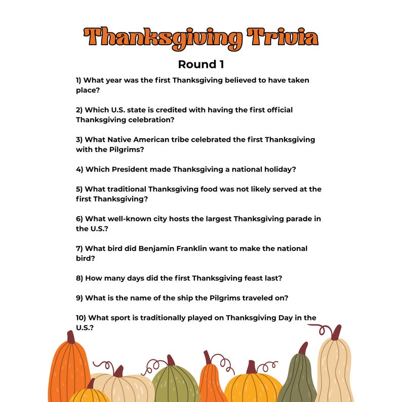 Thanksgiving Trivia Game Printable | 30 Questions + Answer Key | Family ...