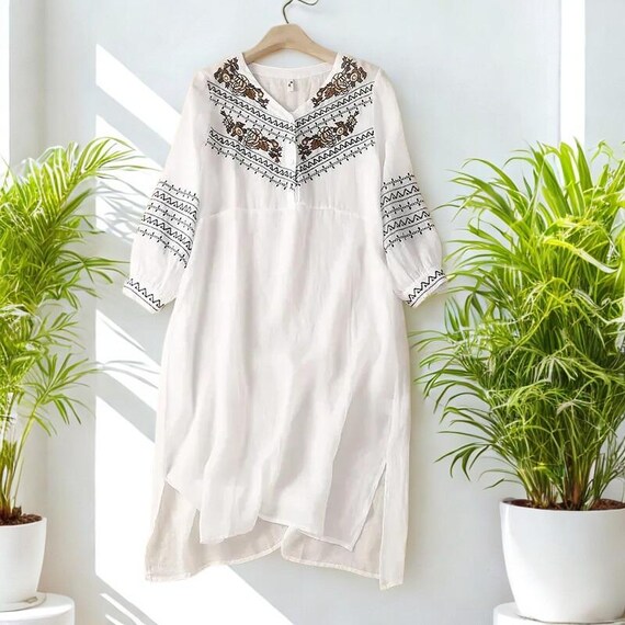 新品未使用COTTON LINEN VINTAGE DRESS TUNIC C028---pintucked V-neck Linen Tunic Dress, 3/4 Sleeves