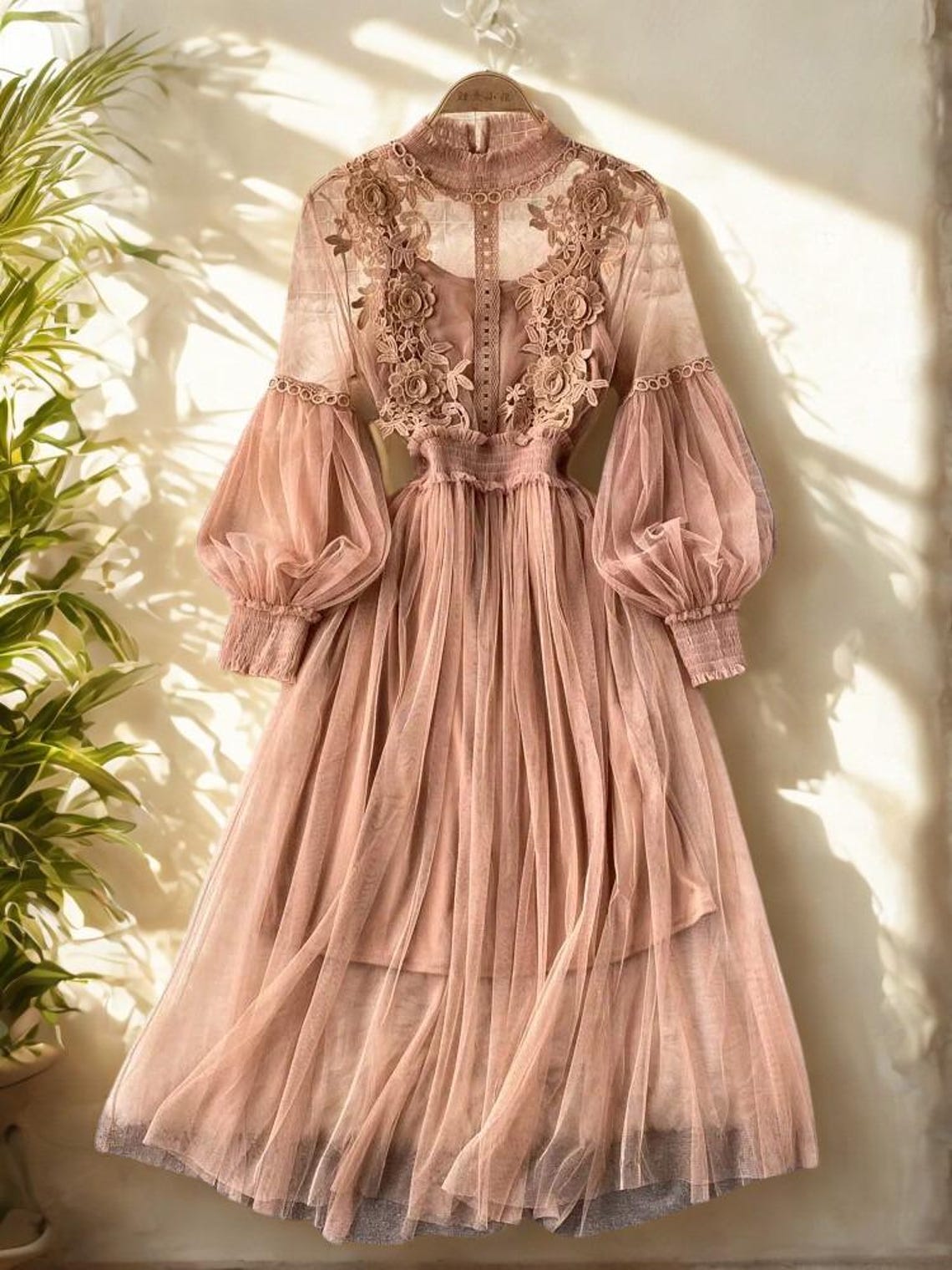 STAND COLLAR LANTERN SLEEVE HIGH WAIST VINTAGE DRESS