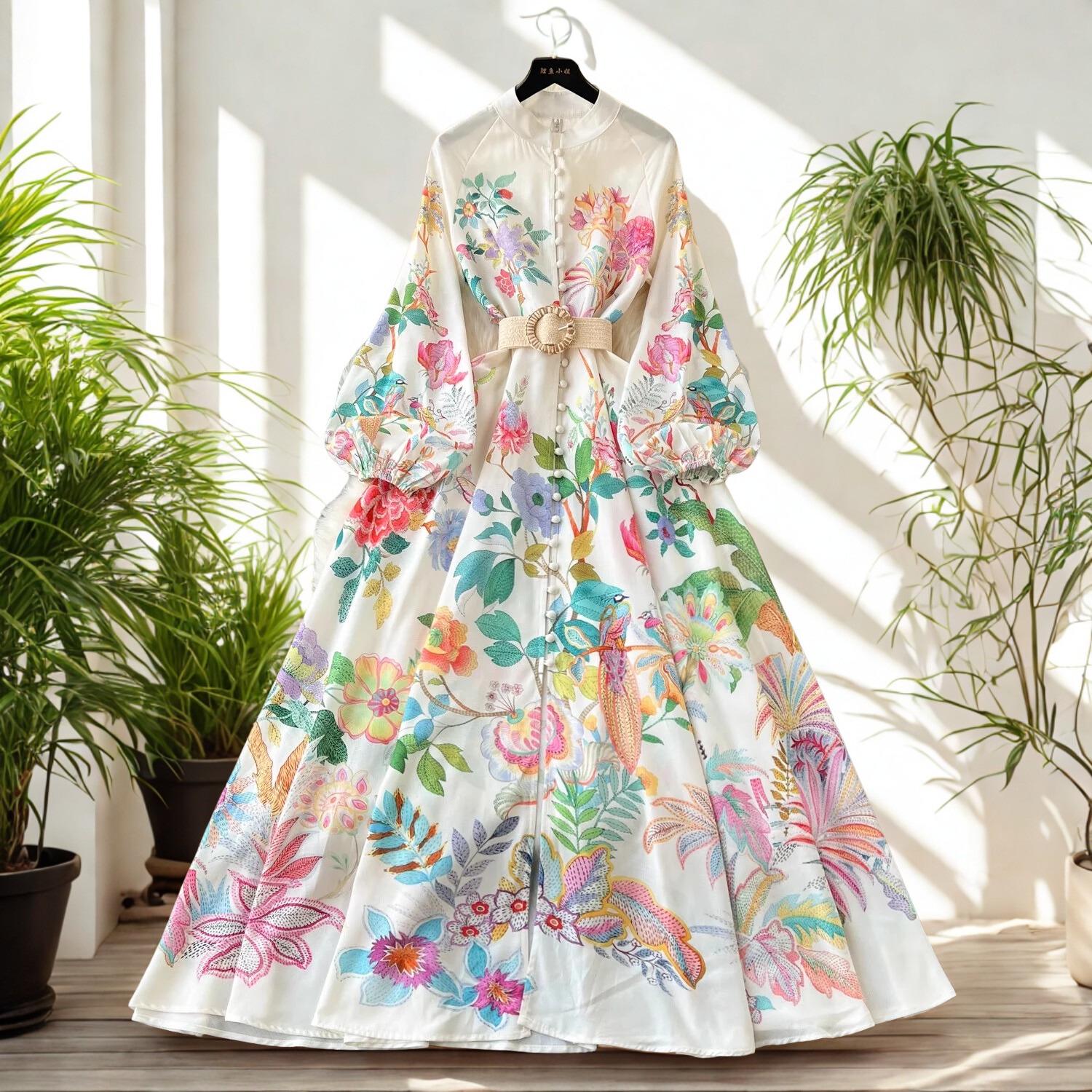 Elegant Floral Maxi Dress – Spring Holiday Stand Collar Lantern Sleeve Belted Robe