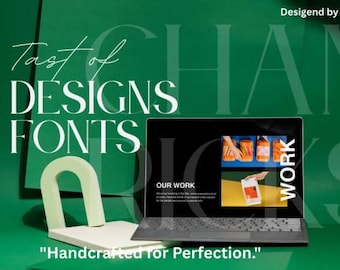 May include: A laptop displays a presentation with the words "OUR WORK" and images of food and packaging. The background is green with the words "Taste of Designs Fonts" and "Handcrafted for Perfection."