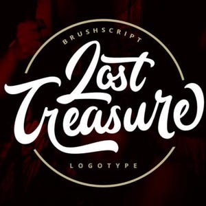 May include: A dark red background with a white logo that reads "Lost Treasure" in a brush script font. The logo is inside a cream-colored circle with the words "Brushscript" and "Logotype" above and below. Two white "X" marks are on either side.