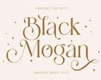 May include: A graphic design for a font called "Black Mogen", a modern serif font. The text is in a gold color on a white background with small gold stars.