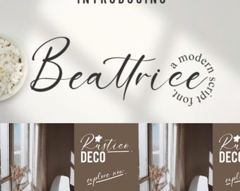 May include: A modern script font called "Beatrice" is displayed in a white background with a bowl of popcorn in the top left corner. The font is shown in a large size and is written in a cursive style. The text "a modern script font" is written in a smaller font size and is located below the font name.