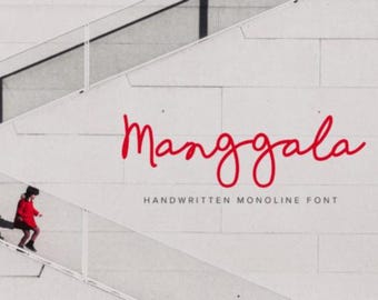 May include: The word "Mangala" in red, handwritten script, with "HANDWRITTEN MONOLINE FONT" below it. A person in a red coat walks up a white staircase against a white wall.
