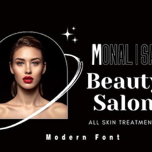 Könnte beinhalten: Schwarzer Hintergrund mit dem Text "MONALISA Beauty Salon" und "ALL SKIN TREATMENTS". Eine Frau mit rotem Lippenstift befindet sich in einem kreisförmigen Rahmen. Weiße Sterne und die Worte "Modern Font" sind ebenfalls vorhanden.
