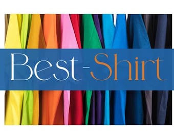 May include: A close-up of a variety of colorful t-shirts hanging on a rack. The shirts are all different colors, including yellow, green, orange, pink, blue, and purple. The text "Best-Shirt" is displayed on a blue banner in front of the shirts.