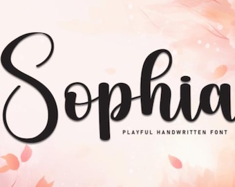 May include: A black and white handwritten font called "Sophia" with the text "Playful Handwritten Font" below it. The font is displayed against a pink and white background with a floral design.