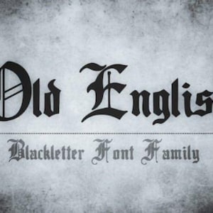 Op de afbeelding: Blackletter-lettertypefamilie, Old English-lettertypestijl, in zwarte tekst op een grijze achtergrond.
