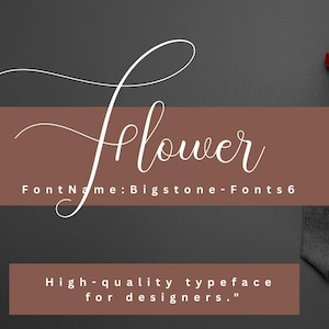 May include: A white cursive font called "lower" with the text "Font Name: Bigstone-Fonts6" and the phrase "High-quality typeface for designers." on a brown background.