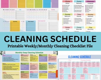 May include: Printable cleaning schedule checklists in pink, blue, and green with a title that reads "Cleaning Schedule: Printable Weekly/Monthly Cleaning Checklist File".