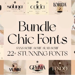 May include: A collection of 22+ chic fonts in a bundle. The fonts are displayed in a variety of styles, including sans serif, serif, and slab serif. The fonts are displayed in a variety of colors, including black, white, and pink.