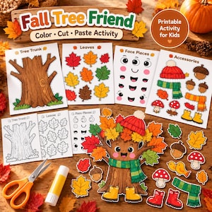 Peut inclure: Un kit d'activité imprimable Fall Tree Friend pour enfants comprenant des feuilles avec un tronc d'arbre, des feuilles colorées, des éléments de visage et des accessoires. Le kit inclut des découpages d'arbre avec un bonnet rouge et une écharpe.