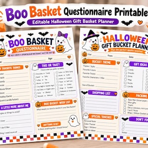 May include: Two printable Halloween-themed planning sheets titled Boo Basket Questionnaire and Halloween Gift Bucket Planner. The white pages feature colorful illustrations of ghosts, pumpkins, and bats, with sections for lists, checkboxes, and fill-in-the-blank lines.