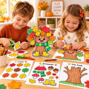 Può includere: Un kit di bricolage in carta con un tronco d'albero marrone, foglie autunnali colorate, un berretto rosso, una sciarpa verde, stivali gialli e funghi. Il kit include fogli stampati con forme da ritagliare per assemblare un personaggio albero.