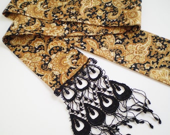 Black Gold Boho Head Scarf, Bohemian Black Head Scarf, Black Gypsy Head Scarf, Black Gold Paisley Head Scarf