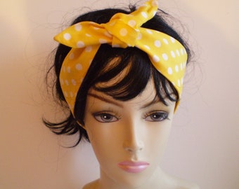 Yellow White Polka Dot Head Scarf, Yellow and White Dot Head Scarf, Polka Dot Head Scarves, 1950s Head Scarf