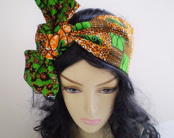 Small Orange Green African Head Scarf, Small Orange Green African Head Wrap, Reversible African Green Orange Head Scarf