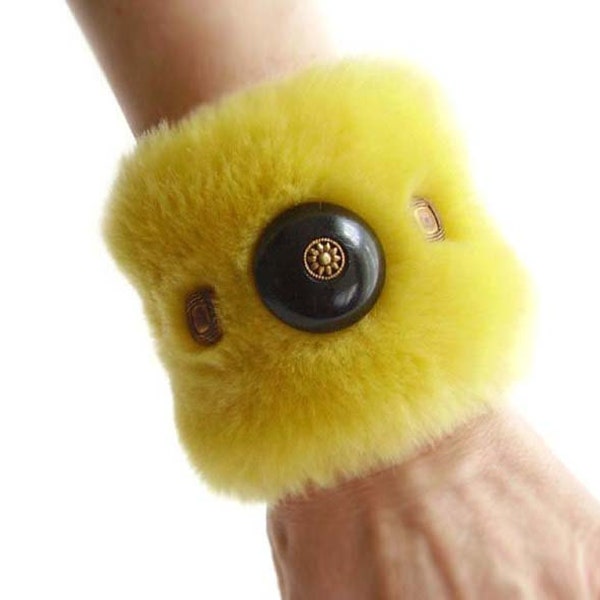 YELLOW FUR CUFF Bracelet, Vintage Black Button, Brass Colored Buttons Beads, Mustard Faux Fur