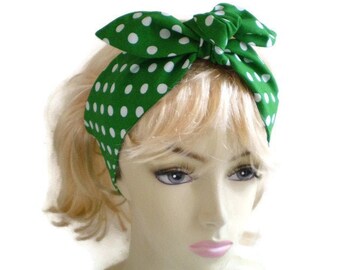 Green and White Polka Dot Head Scarf, Green White Dot Head Scarf, 1940s Head Scarf, 1950's Head Scarf, Green White Dot Head Wrap