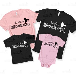 Bella Canvas 3001 Family Mockup PNG, Pink Black Flat Lay T-Shirt Set, 4 Shirt Mockup for Mom Dad Baby Toddler, 3001 3001T 100B Group Mockup