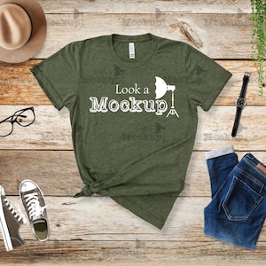 Bella Canvas 3001 Military Green Shirt Mockup PNG, Flat Lay Green T-Shirt Mockup, Unisex 3001 Military Green Tshirt, POD Canva Template