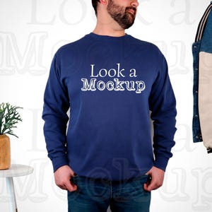 True Navy Comfort Colors 1566 Sweatshirt Mockup, C1566 Crewneck Mock-up, Men&#39;s Sweatshirt Mockup, POD Model Mock, Realistic 1566 Male Mockup